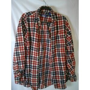 Premier International Mens Large Plaid Flannel Long Sleeve Shirt Rust Brown Whit